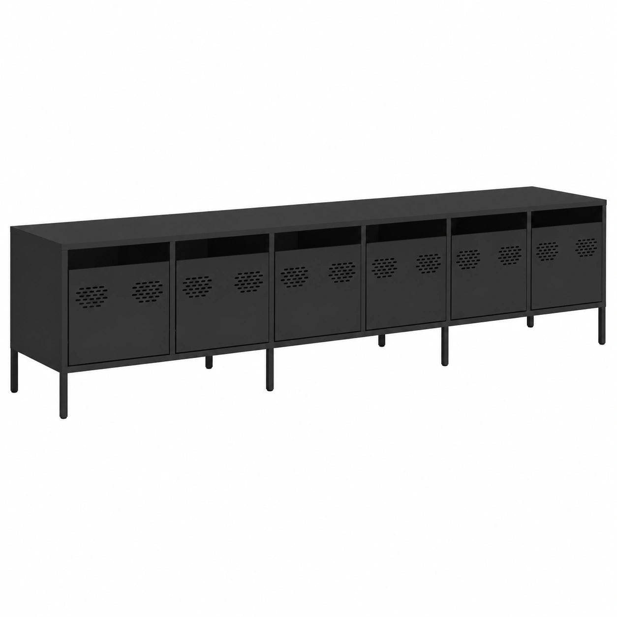 Mobile TV in acciaio nero con 6 cassetti, 202x39x43,5 cm, design moderno per soggiorno