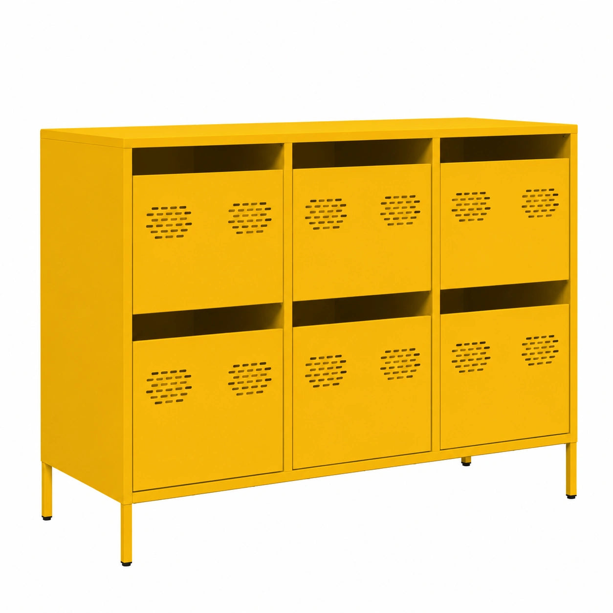 Mobile basso in acciaio giallo senape, 6 cassetti, design industriale, 101,5x39x73,5 cm, perfetto per soggiorno e corridoio