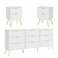 Set Arredi Camera da Letto: Cassettiera 9 Cassetti e 2 Comodini, Maniglie Oro, Design Scandinavo (3 Pezzi Bianchi)