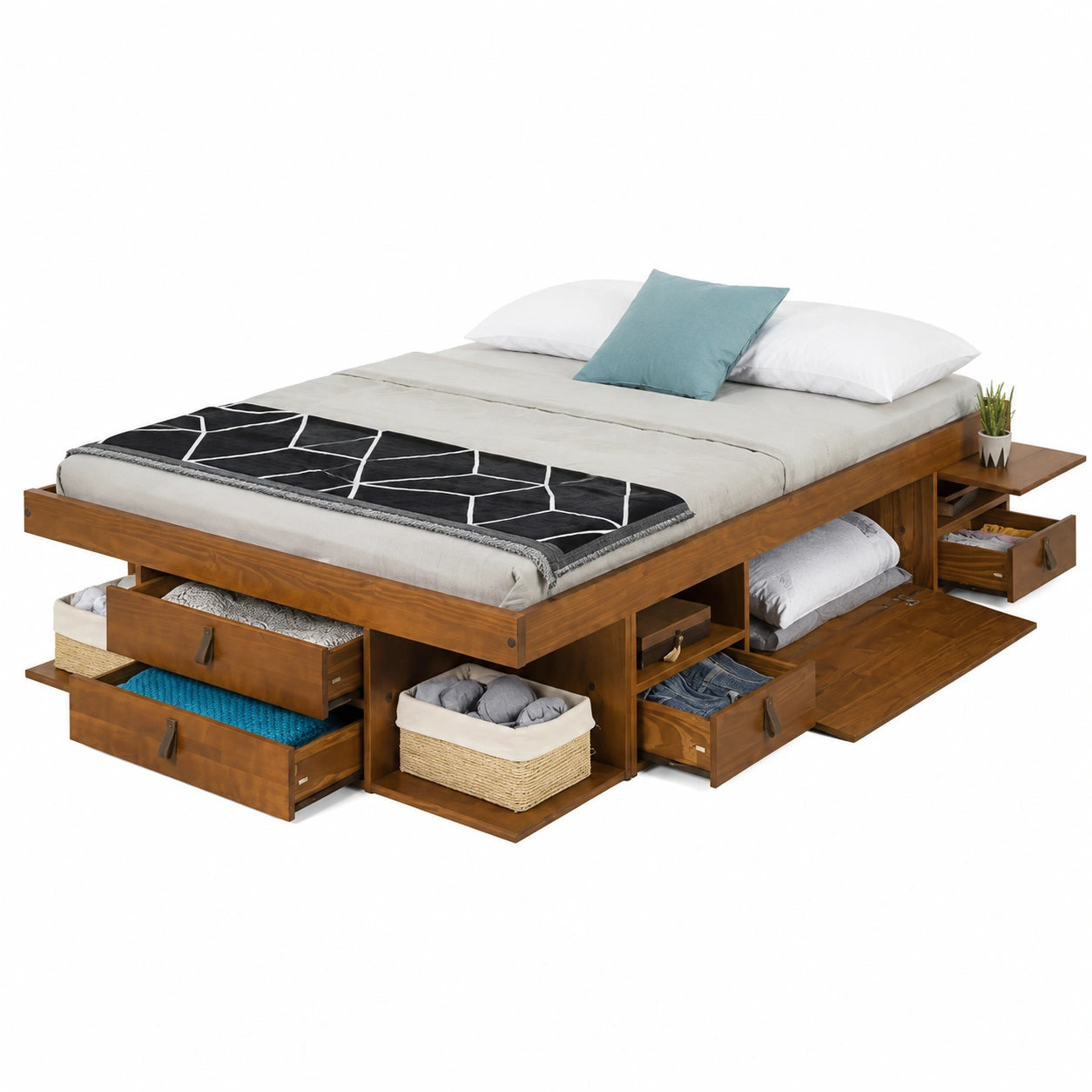 Letto Matrimoniale con Contenitore e Cassetti in Pino Massello 140x190, Rete Inclusa