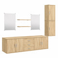 Set arredo bagno in legno rovere con mobile sottolavabo grande, armadi e specchi, design salvaspazio