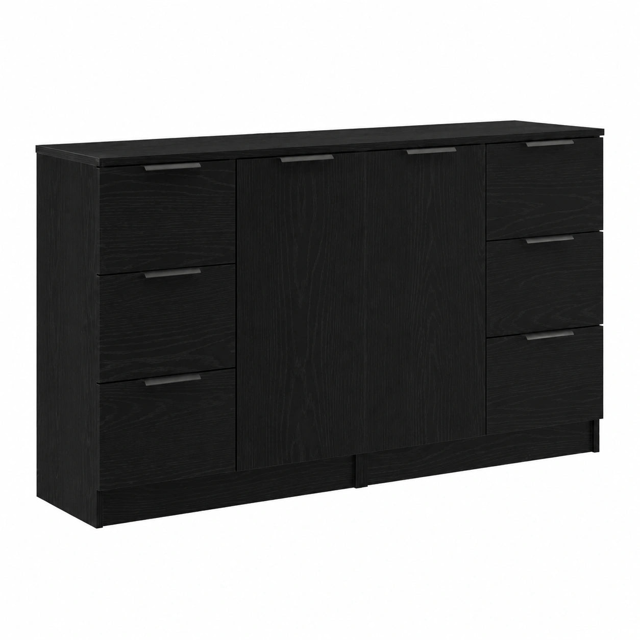 Credenza moderna nera rovere, 180x30x70 cm, cucina con 2 ante e 6 cassetti, legno resistente, ideale per casa e ufficio