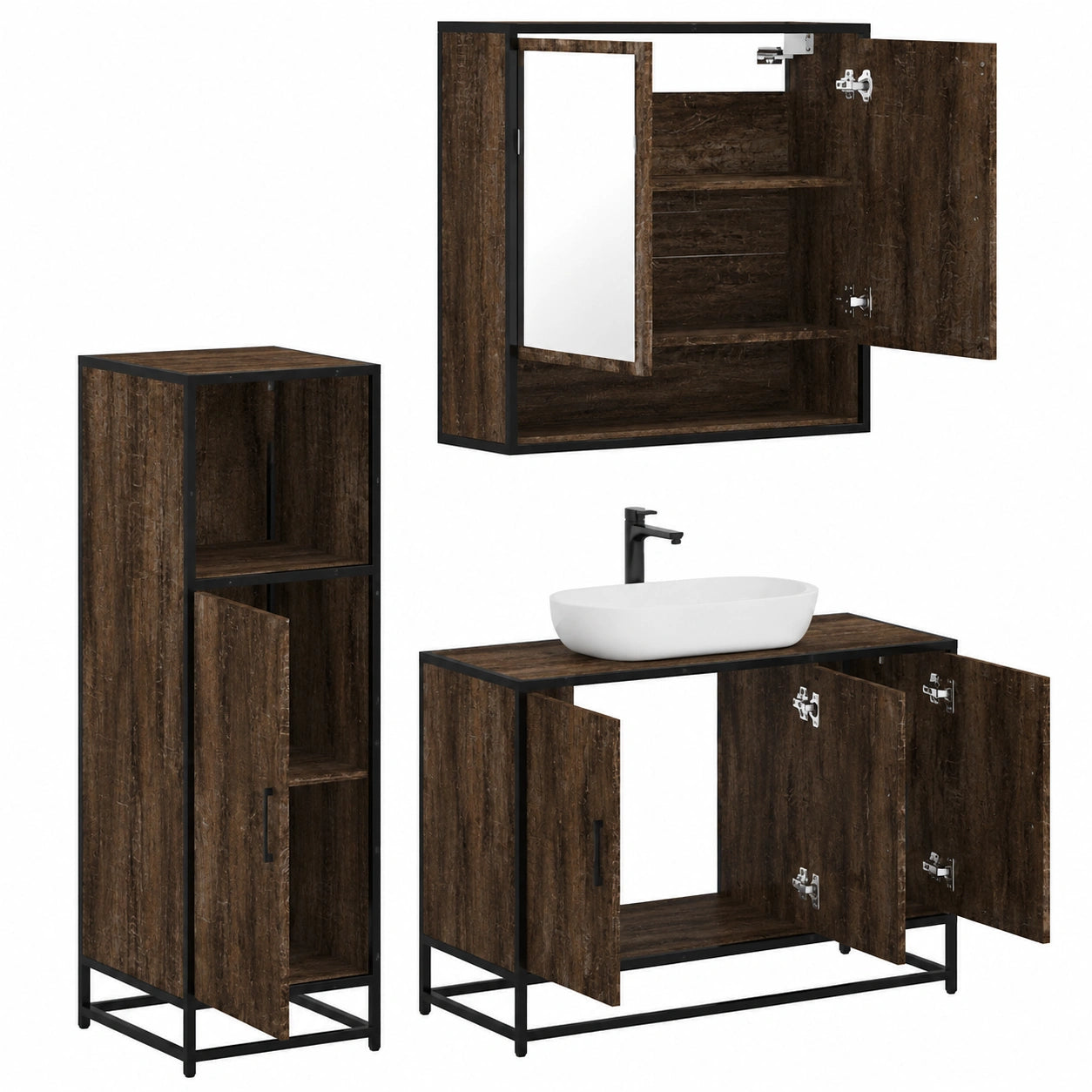 Set di Arredo Bagno 3 Pezzi con Specchio, Rovere Marrone, Stile Industriale, Legno Resistente all'Umidità