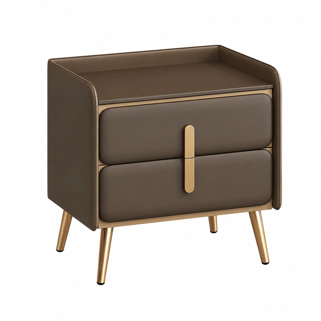 Comodino moderno con 2 cassetti, legno marrone scuro e superficie in nappa, maniglie in acciaio, 45 cm