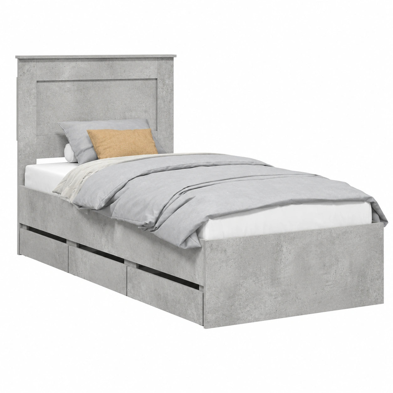 Letto Singolo 90x200 cm con Testiera e 6 Cassetti, Struttura in Legno Effetto Cemento, Design Moderno