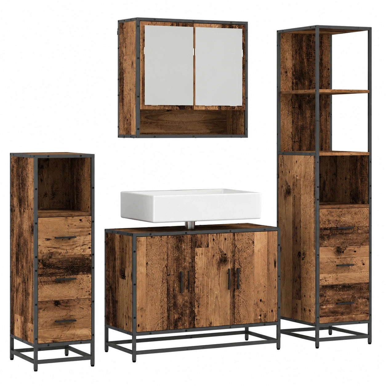 Set da bagno rettangolare 4 pezzi in legno ingegnerizzato con specchio e mobile sottolavabo, design a parete con ripiani e cassetti push-pull