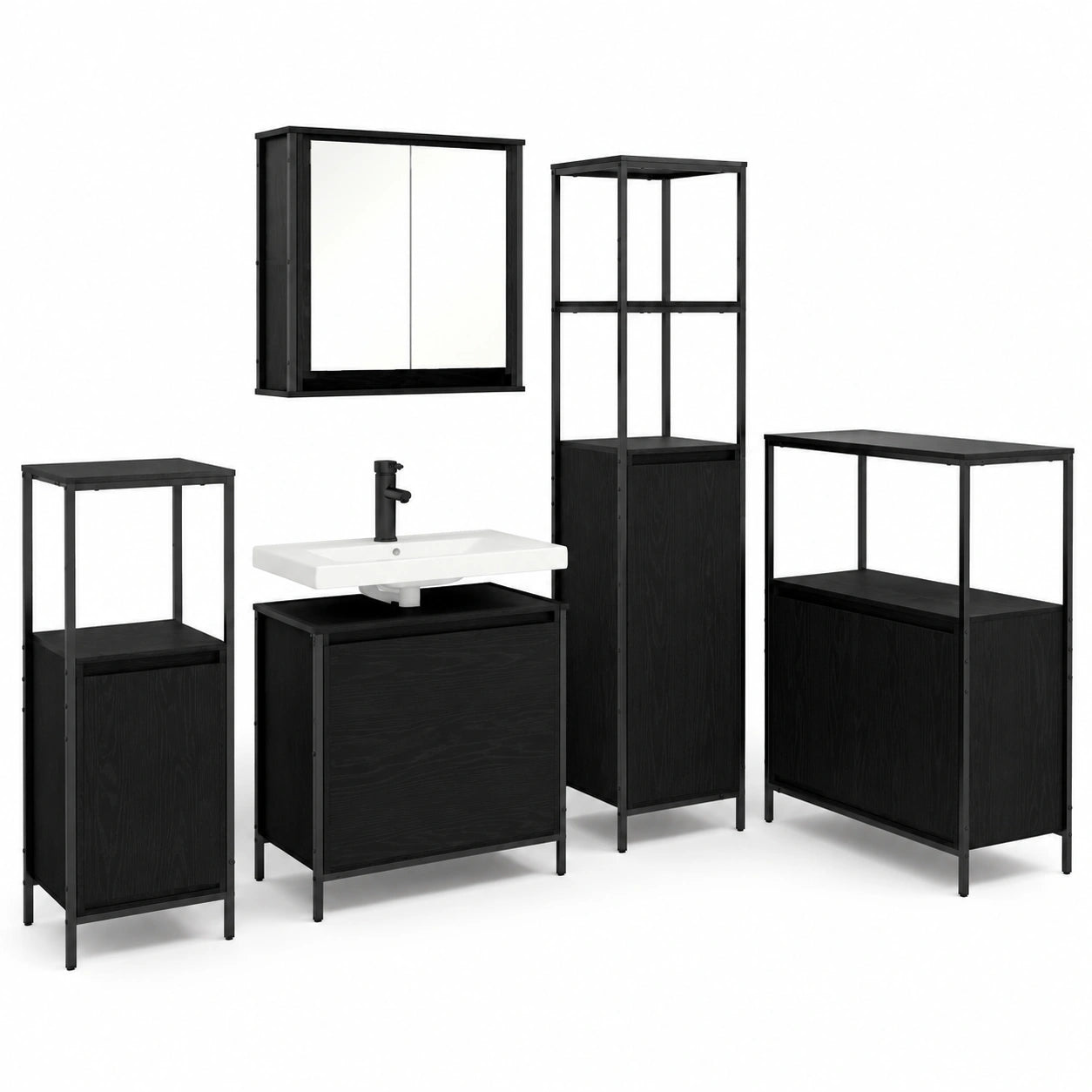 Set di 5 mobili bagno neri moderni con specchio e scaffale, in legno, 76,5x35x95 cm, durevole per ogni spazio
