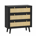 Comò Moderno a 3 Cassetti con Frontale in Rattan, Stile Naturale, 80 x 40 x 91 cm