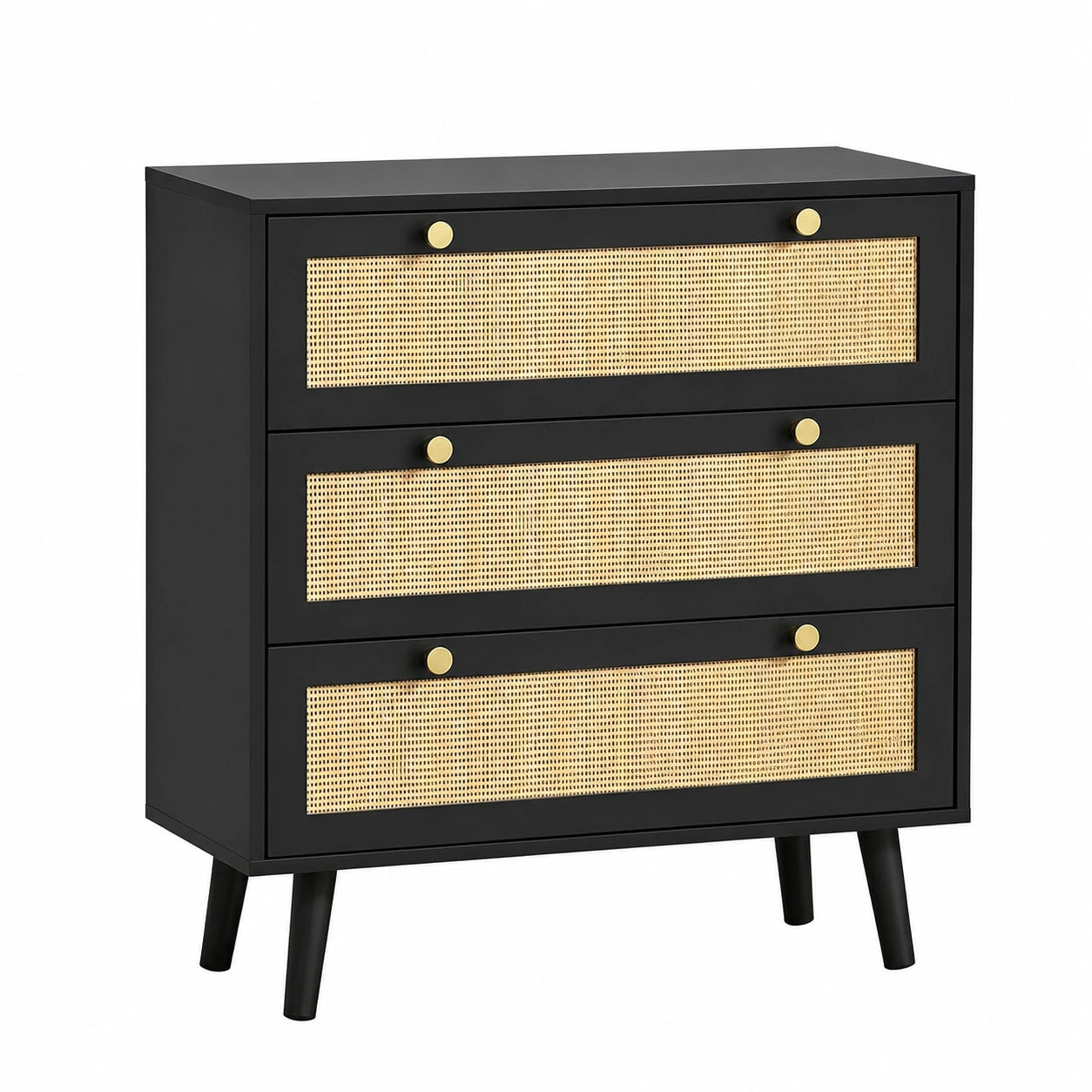 Comò Moderno a 3 Cassetti con Frontale in Rattan, Stile Naturale, 80 x 40 x 91 cm